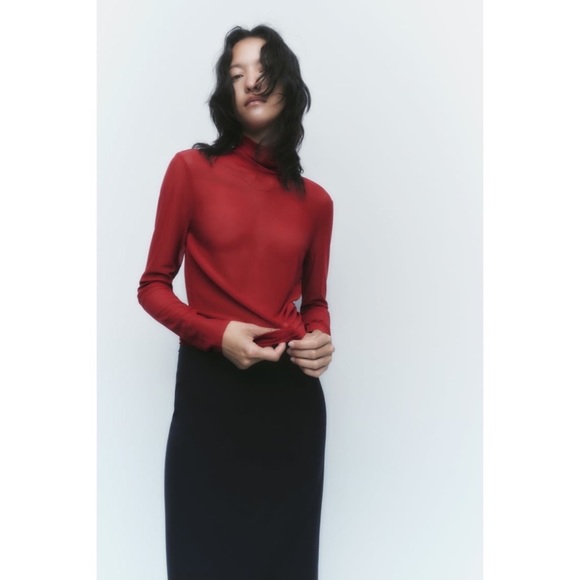 Zara Tops - ZARA Mock Neck Mesh BodySuit Y2K Maroon Size L